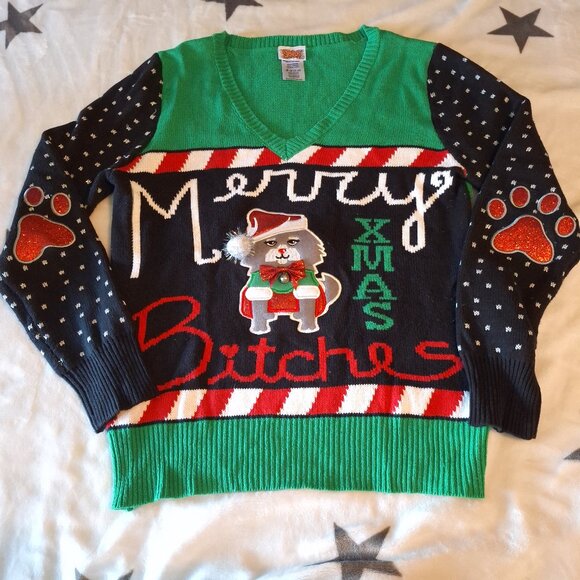 Spencers‎ Unisex Medium Merry Xmas Bitches Cat Ugly Christmas Knit Sweater - Picture 1 of 9